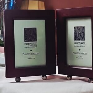 Philip Whitney Double Tabletop Picture Frame in Brown Wood W/ Silver Ball Stand